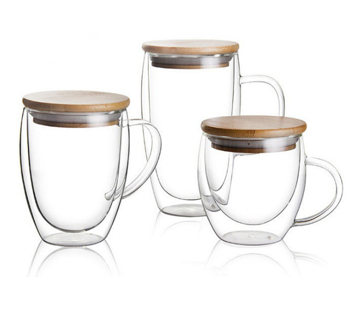 Double wall glass coffee cup mug with bamboo lid double layer glass cups for tea and coffee