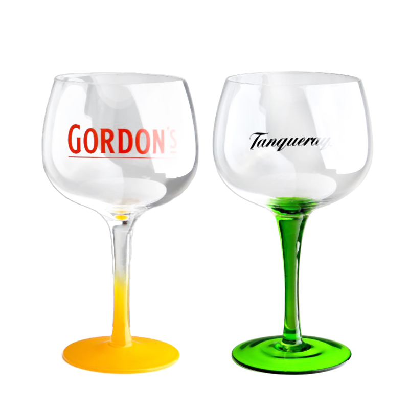 Hand blown crystal red wine cocktail balloon gin and tonic glasses with colored stem printed logo decals best gifts