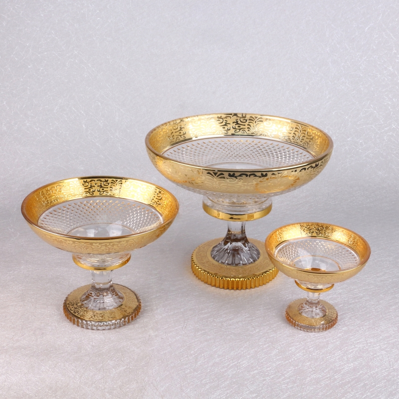 Mid-east Design Gold Plating Bohemia Glass Fruit And Candy Bowl Set With Tall Foot