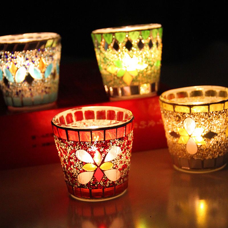 Mosaico portacandele in vetro fabbrica di commercio uniche portacandele bicchiere di vino supporto di candela