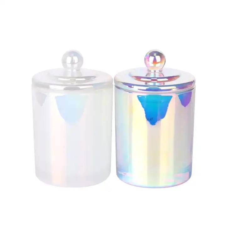 Pot de bougie en verre irisé avec perles de 12oz, nouveau design, haute qualité, marché américain, avec couvercle, en stock