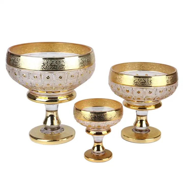Usbekischer Stil, dekorative goldene Farbe, altes Design, 3 Größen, Bohemia-Obstschalen-Set mit Farbbox-Verpackung