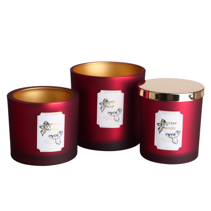 Venta al por mayor de tarros de vela de vidrio dorado rojo vacío de 12oz y 450ml, recipiente con tapas de Metal para fabricación de velas perfumadas