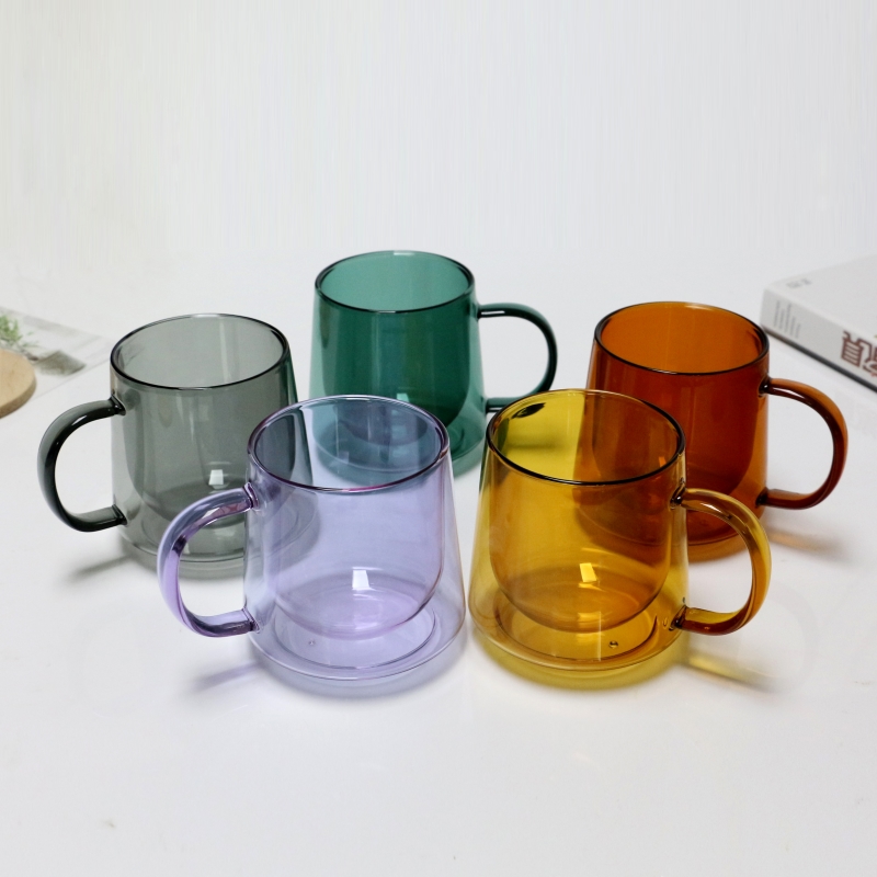 Wholesale High Borosilicate Colored 12oz Double Wall Glass Mug Coffee Cup