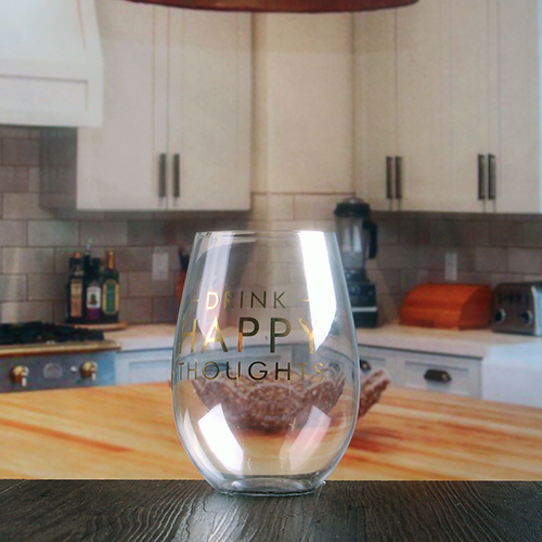 Groothandel glas wijn tuimelaar stemless wijnglas met logo sticker