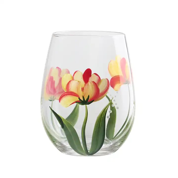 custom printed hand painted personalized stemless flower drink wine glasses cups