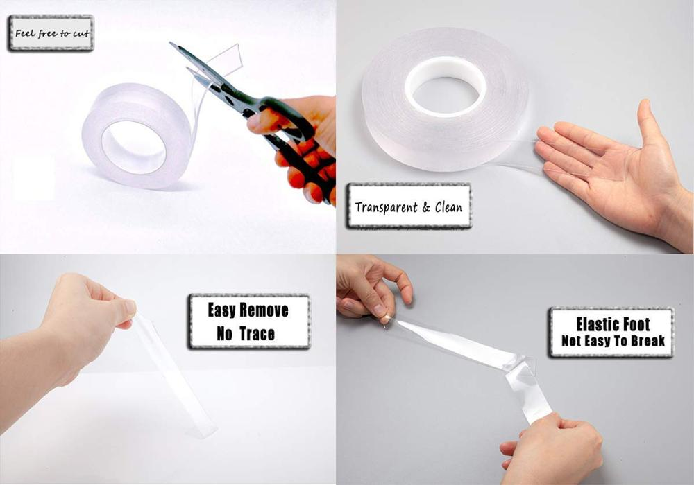 双面粘合剂超清透明30mm可清洗可重复使用无残留纳米水皮胶带钩，厨房，浴室