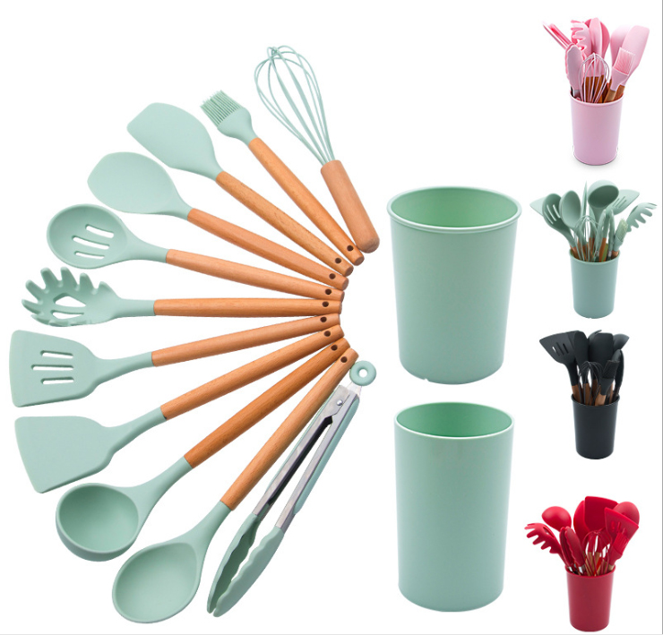 Eco-Friendly Hot Selling 12pcs Silicon Kitchen Utensil Set with Bucket Cooking Utensil with Wood Handle