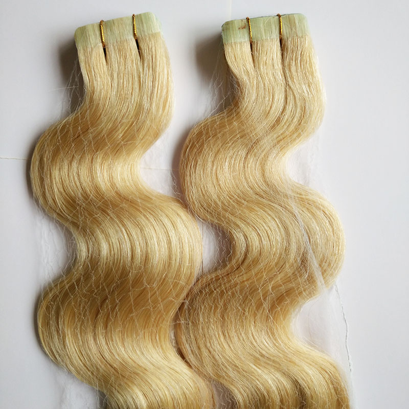 2015 factory price pu skin weft hair extension virgin remy blue tape russian hair