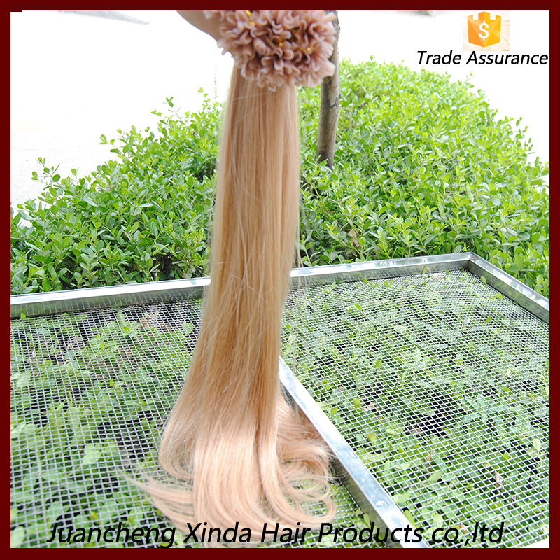 2015卸売最高品質の100％インドレミー人間の髪の毛のレミuはケラチン人間の髪の毛の拡張子を傾けます