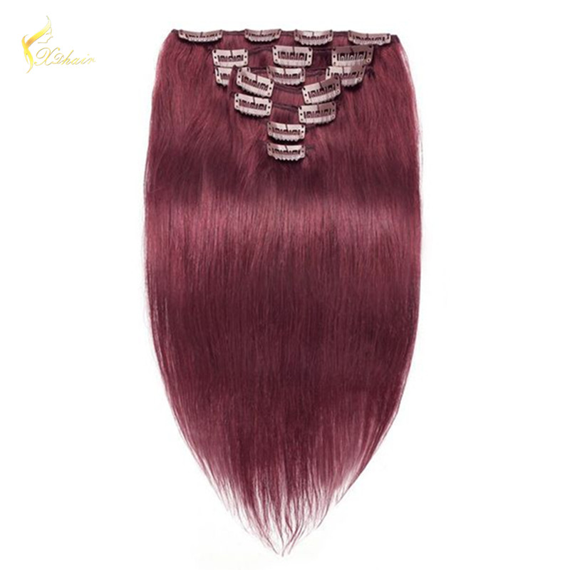 8A grade Wholesale Price 100% remy Indian Straight Wave 99j# Clip in hair extension