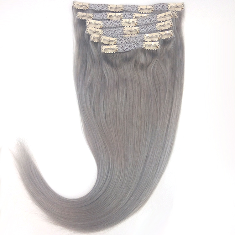 Cheap 100% human remy double weft grey color clip in hair extension