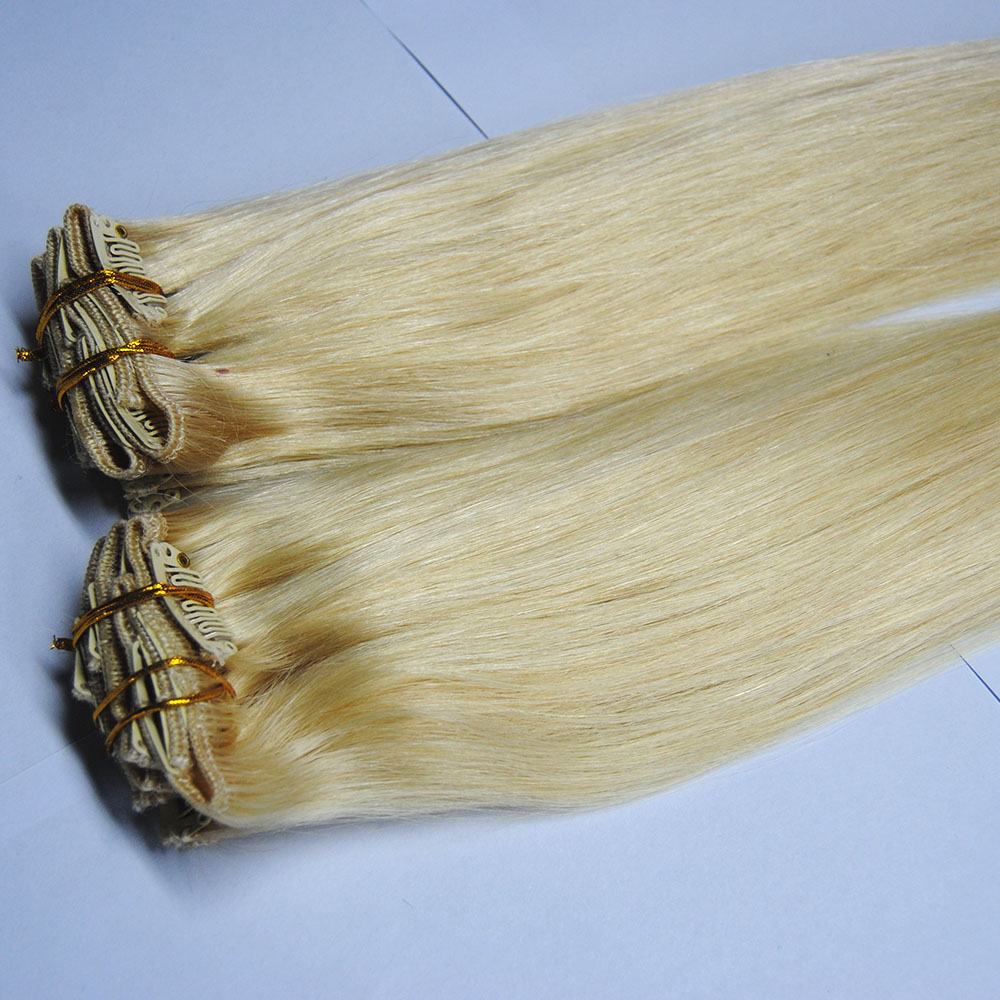 Double drawn 100% human hair extension clip hair gold blond color hair