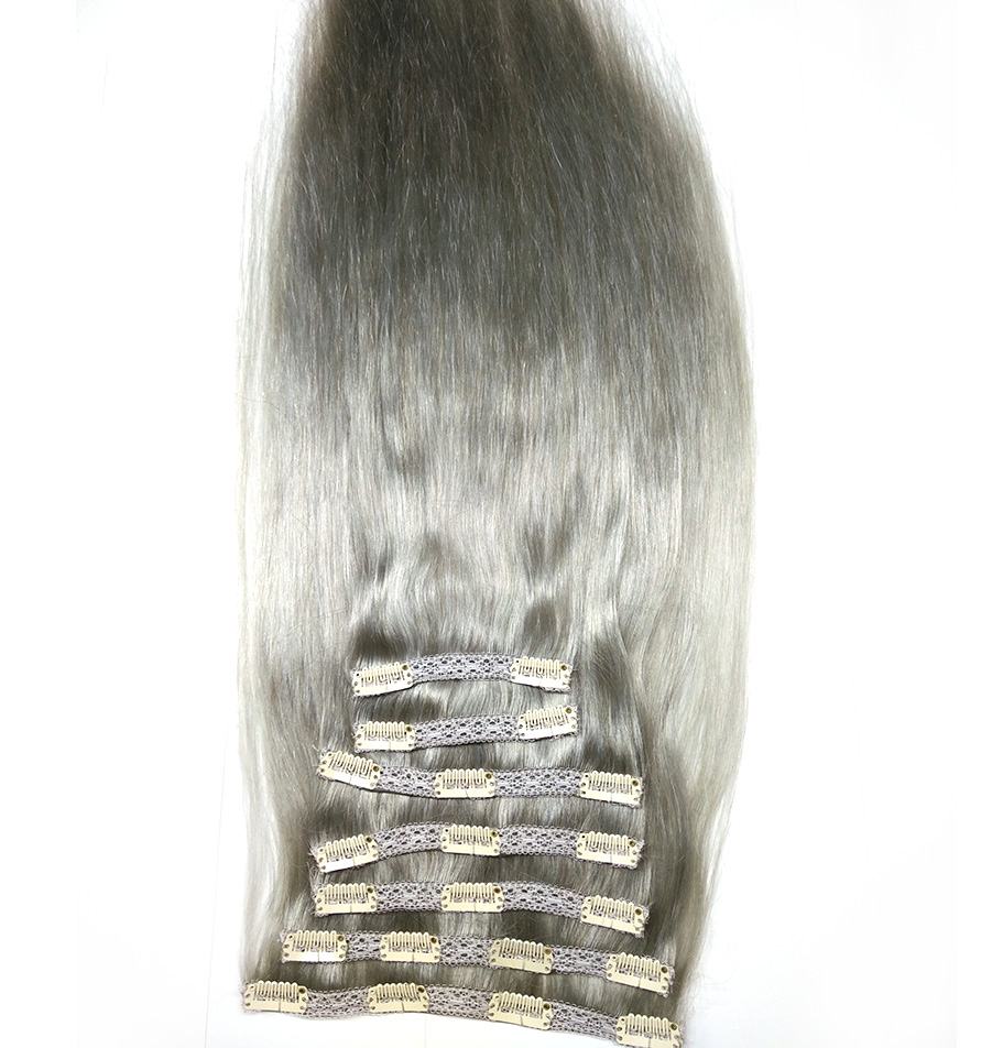 Human hair lace clip in virgin remy gray hair