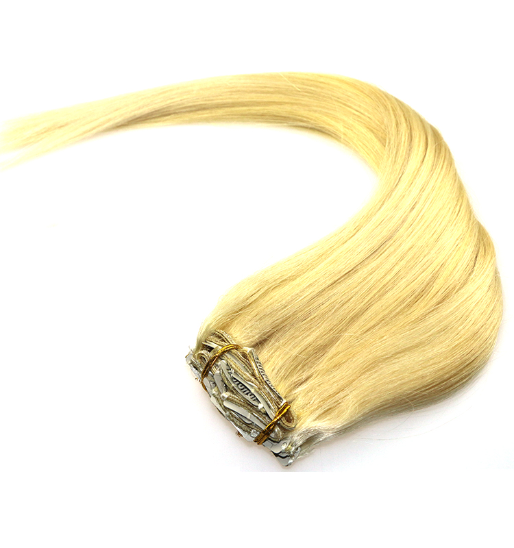 Light blond human hair extension clip in hair weft