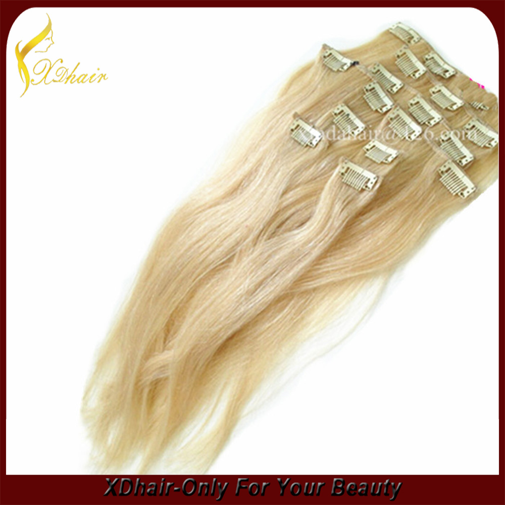 Nieuwe aankomst groothandelsprijs indian menselijk haar 220g remy clip in hair extensions