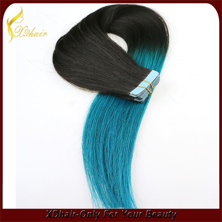 New product hot sale 100% Brazilian virgin remy hair two tone American blue glue tape hair extension
