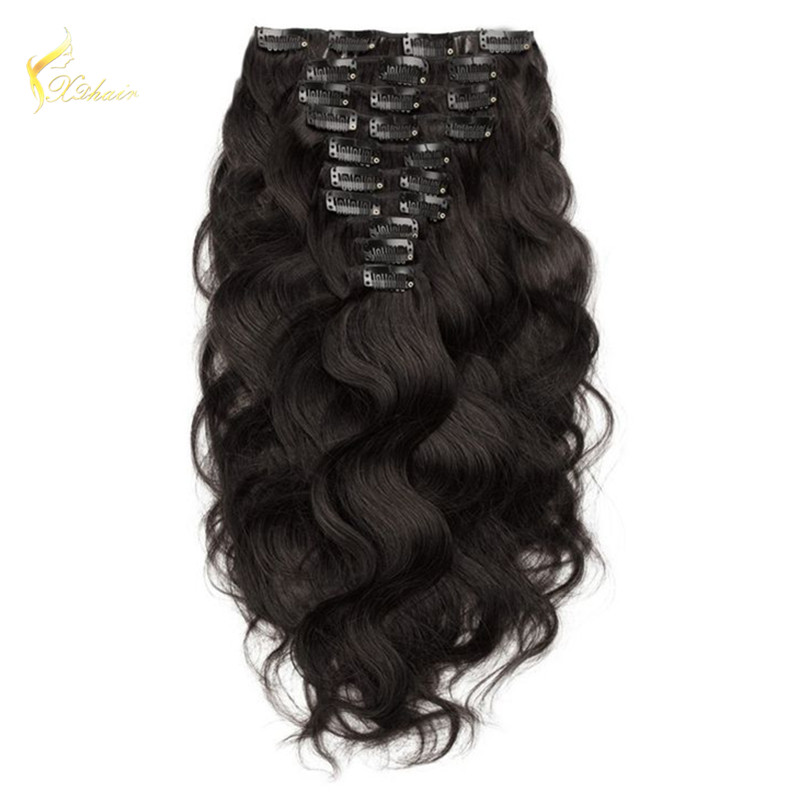 Top Quality China Factory Supply Black Color Remy Double Drawn Clip in hair extension 220 grams