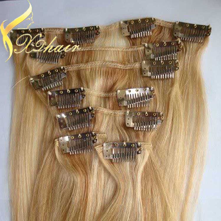 Top quality full ends no acid no chemical virgin clip in human hair extensions brown blonde mix