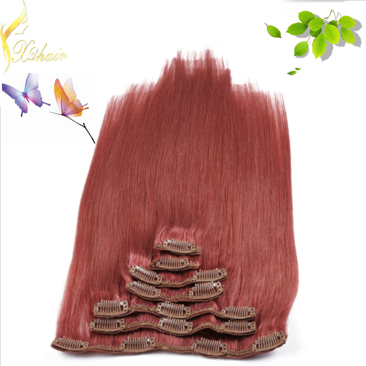 Top quality human hair clip in extension red hair high light color