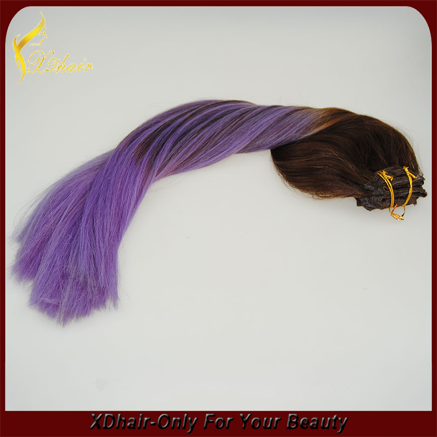 Unprocessed 5A Grade virgin human hair, Two tone Ombre color Brazilian human clip in hair extension