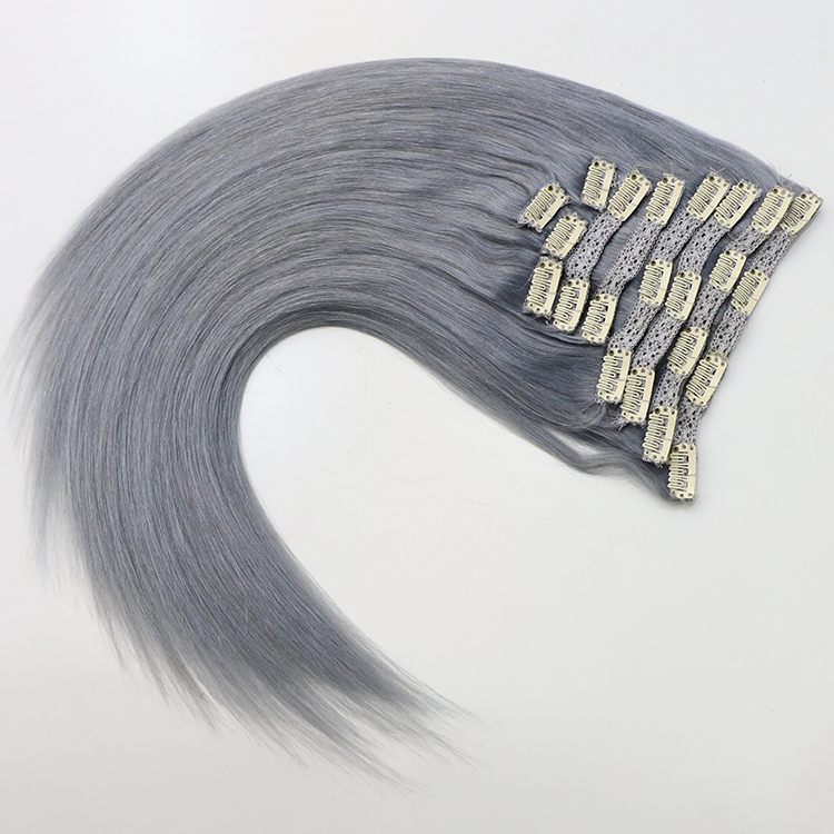 Wholesale grey color clip in hair extension, 100% remy Brazilian clip in hair extensions