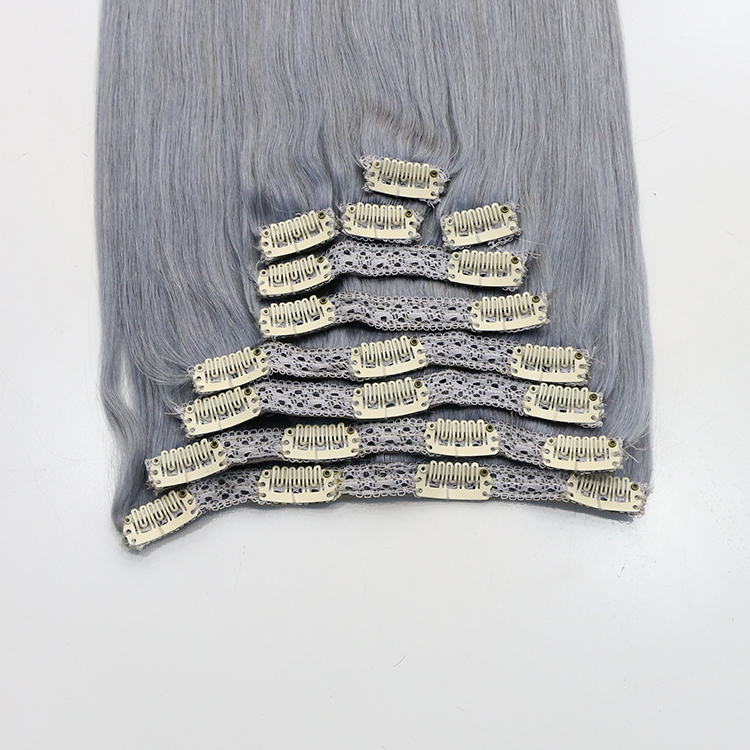 Wholesale remy clip in human hair extensions grey color