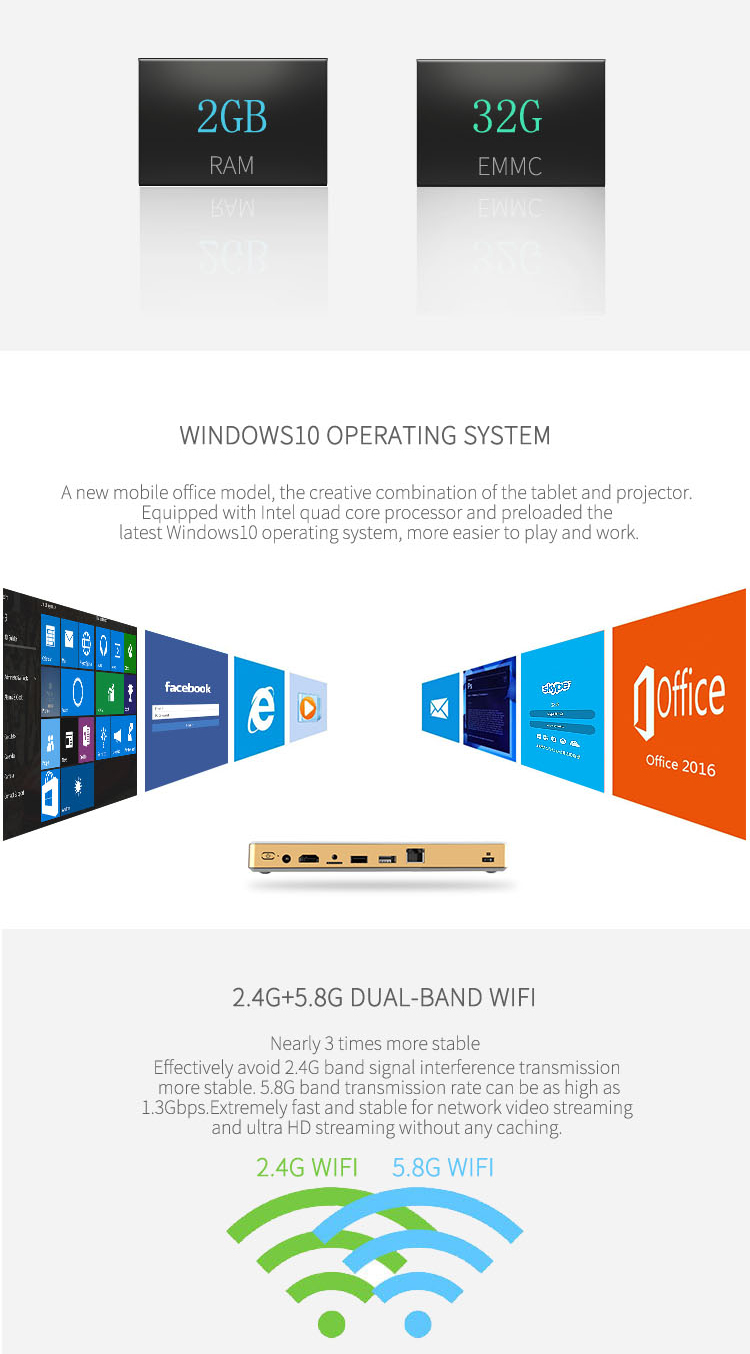 Windows 10 Projector, World First Mini PC 2 in 1, Mini PC Protable Tablet Projector Onenuts T1