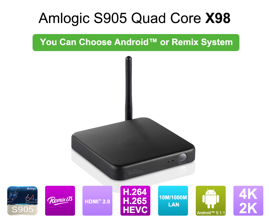 2G+32G Amlogic S905 TV Box Remix OS Supported Google Internet TV Box Quad Core X98(Remix)