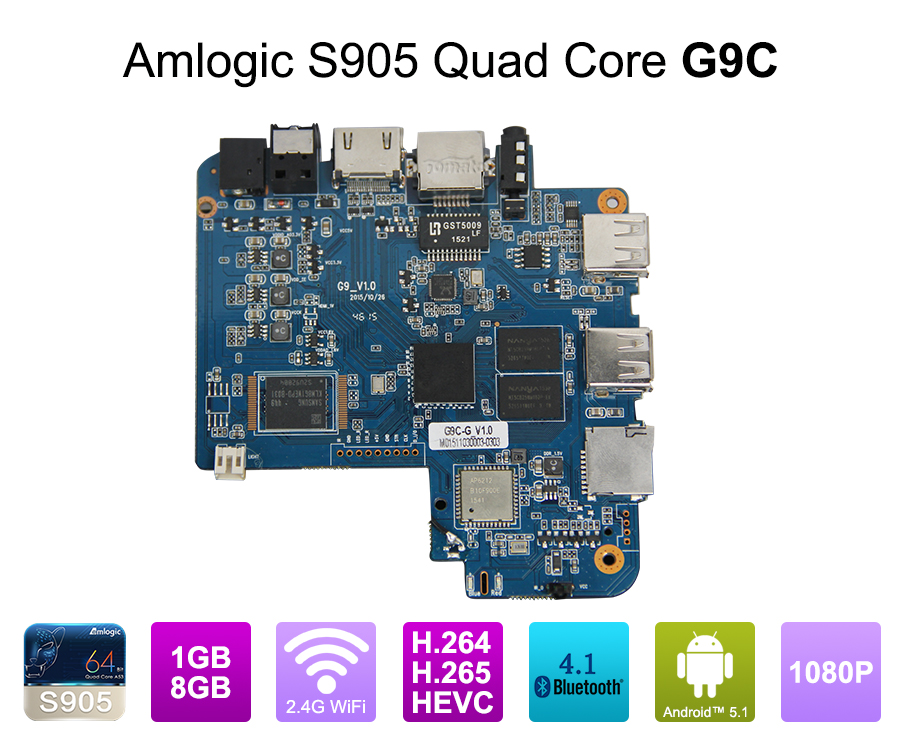 Amlogic S905 Android TV Box 4K2K Ultra HD Mali-450 สูงถึง 750 Mhz Android 5.1 Lollipop Quad Core เครื่องเล่นสื่อแบบเต็ม G9C