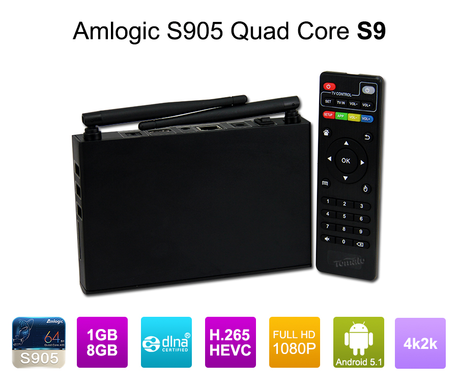 Amlogic S905 TV Box ARM Cortex-A53 CPU até 2.0 GHz Android 5.1 Lollipop 1G / 8G 4K2K Caixa de TV Android Media Player S9