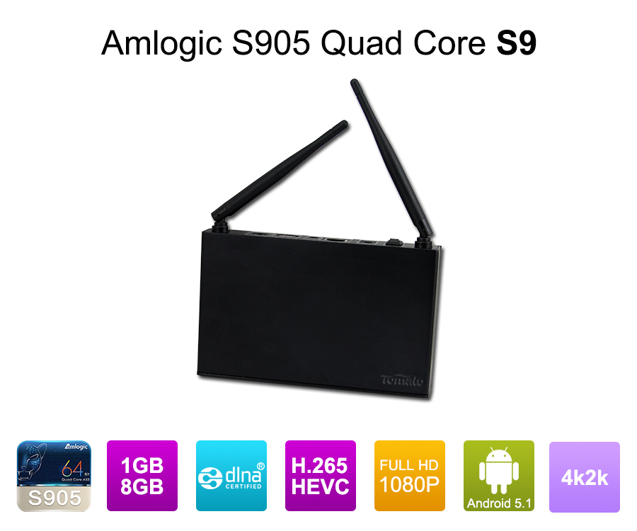 Amlogic S905电视盒ARM Cortex-A53 CPU最高2.0 GHz安卓5.1棒棒糖1G / 8G 4K2K安卓电视盒媒体播放器S9