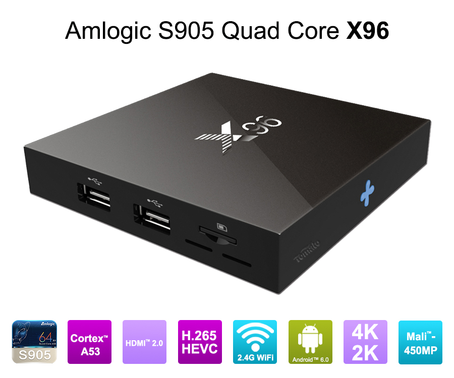 Android 6.0 มาร์ชแมลโลว์ Amlogic S905X ทีวีกล่องแกนรูปสี่เหลี่ยมกล่องทีวี OTT สมาร์ททีวีกล่อง X 96