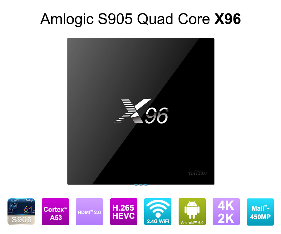 Android 6.0 มาร์ชแมลโลว์ Amlogic S905X ทีวีกล่องแกนรูปสี่เหลี่ยมกล่องทีวี OTT สมาร์ททีวีกล่อง X 96