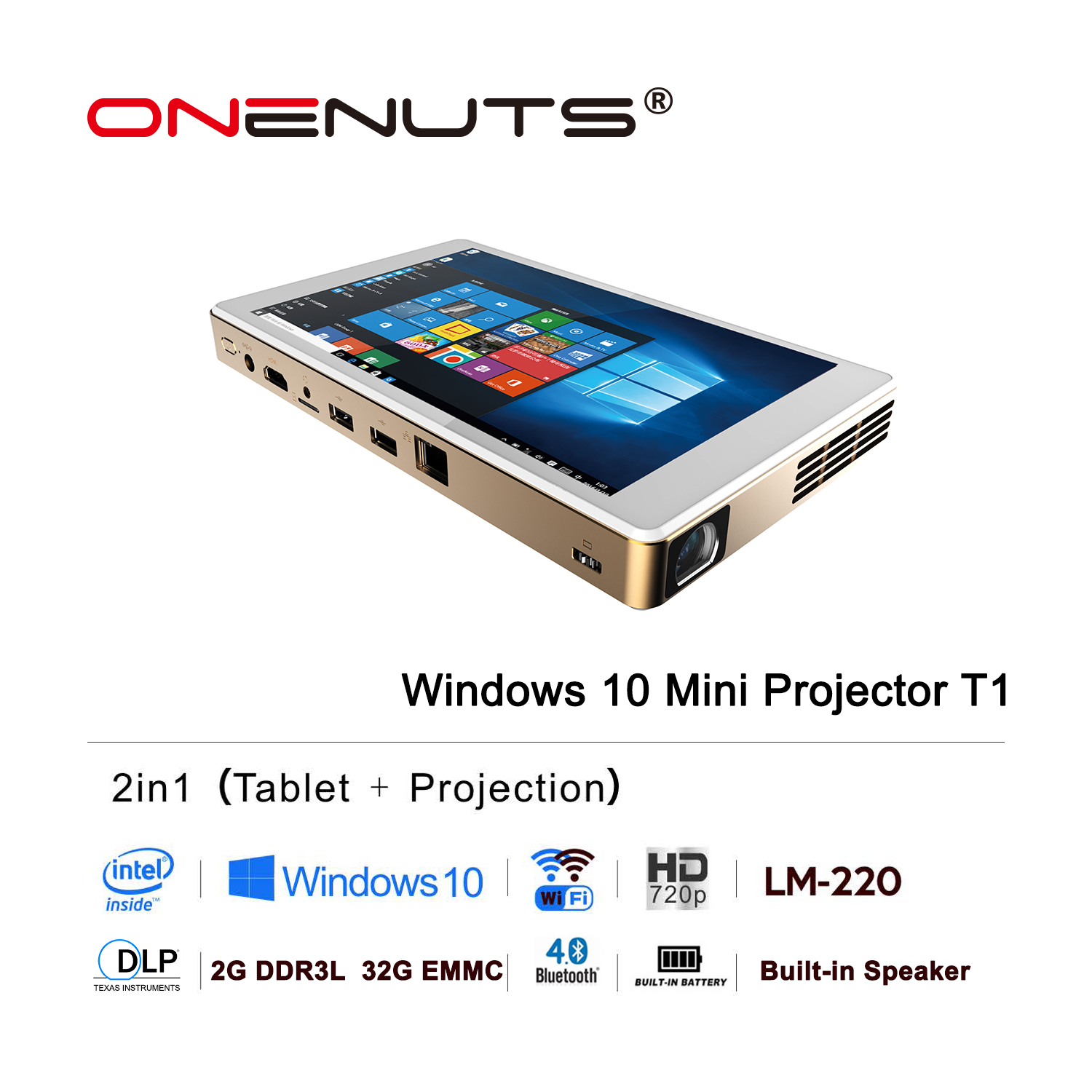 Onenuts 인텔 쿼드 코어 Z8300 2-in-1 풀 HD DLP Windows 미니 타블렛 프로젝터 홈 시어터 비디오 LED 휴대용 프로젝터 T1