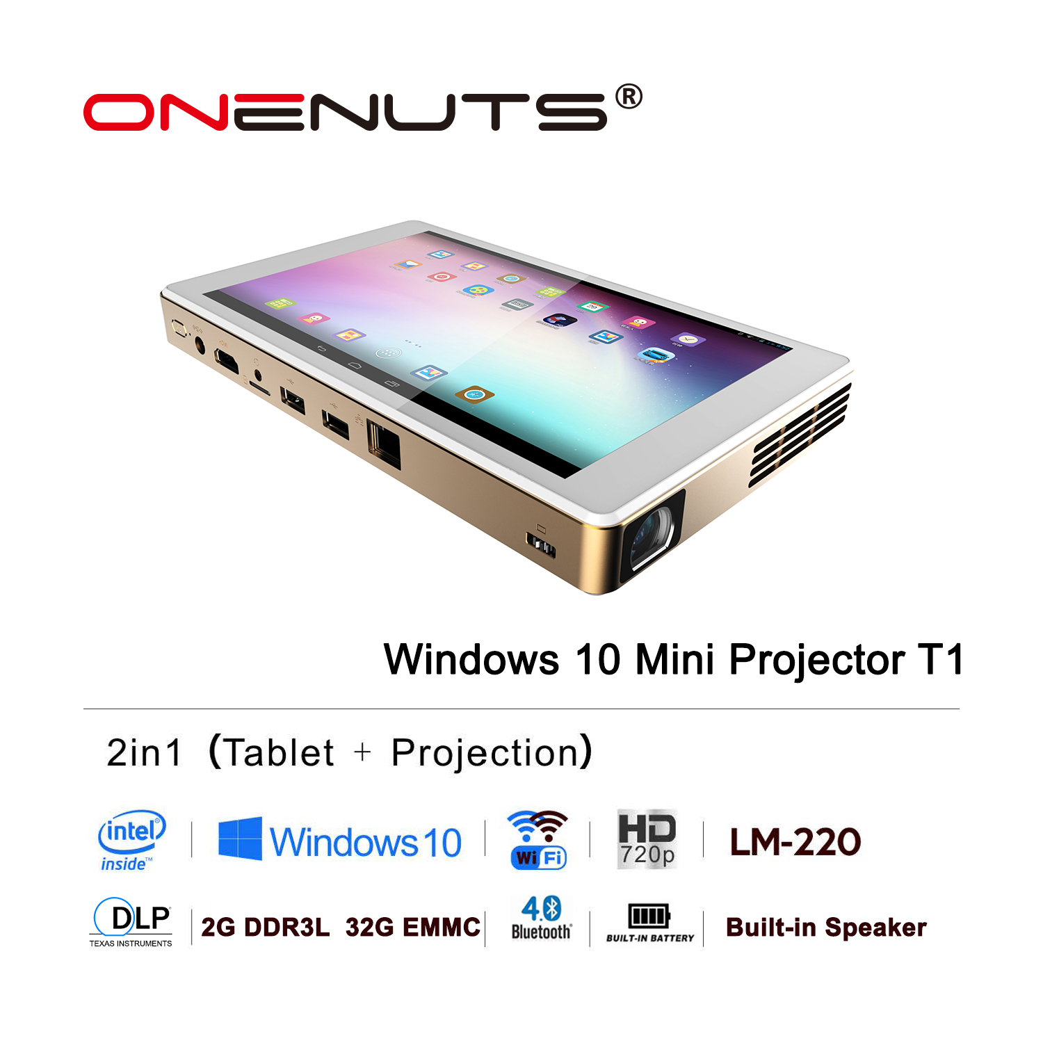 Onenuts Intel Quad Core Z8300 2-in-1 Full HD DLP Windows ميني تابلت بروجكتور مسرح منزلي فيديو LED أجهزة عرض محمولة T1