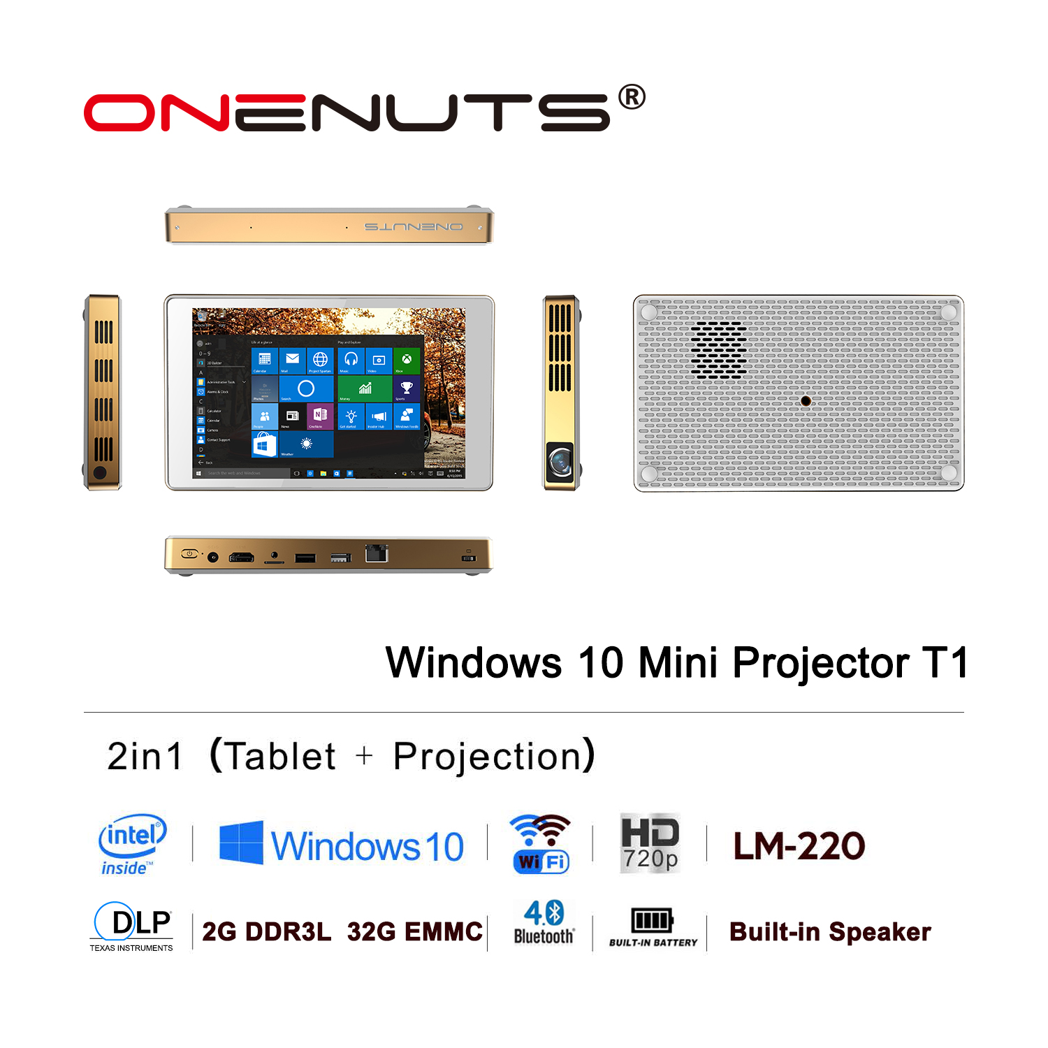 Onenuts Intel Quad Core Z8300 2 in 1 Full HD DLP Mini proiettore per tablet Windows Home Theater Video Proiettori portatili LED T1