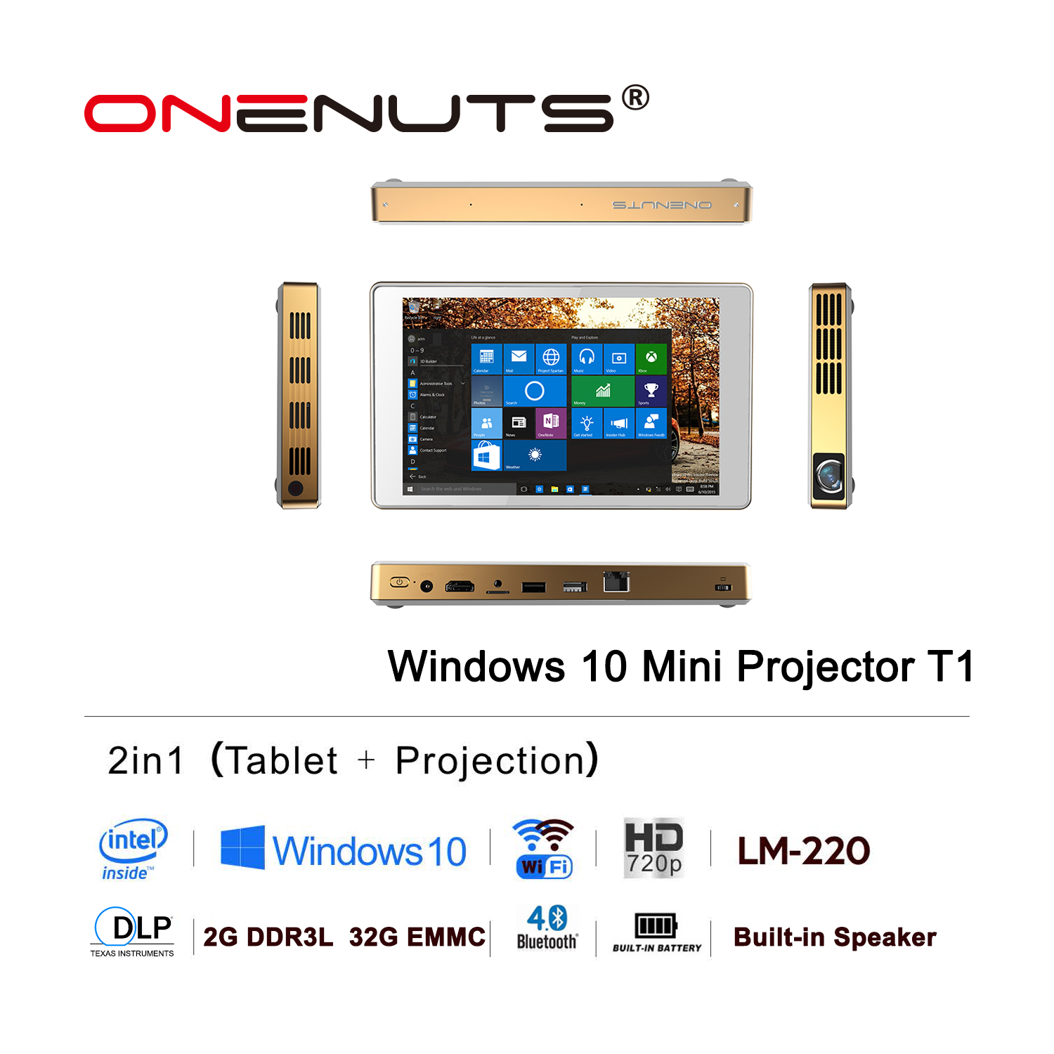 Onenuts Intel Quad Core Z8300 2-in-1 Full HD DLP Windows Mini Tablet Projector Home Theater Video LED Portable Projectors T1