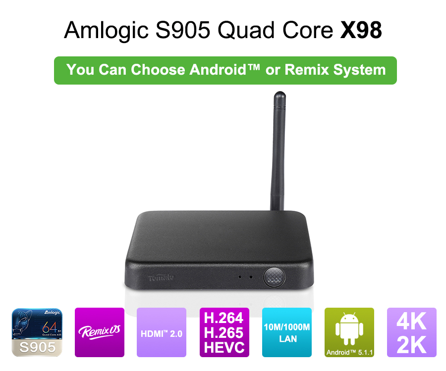 S905 TV BOX support Remix and Android 5.1.1 with 2G DDR3 and 32G Flash