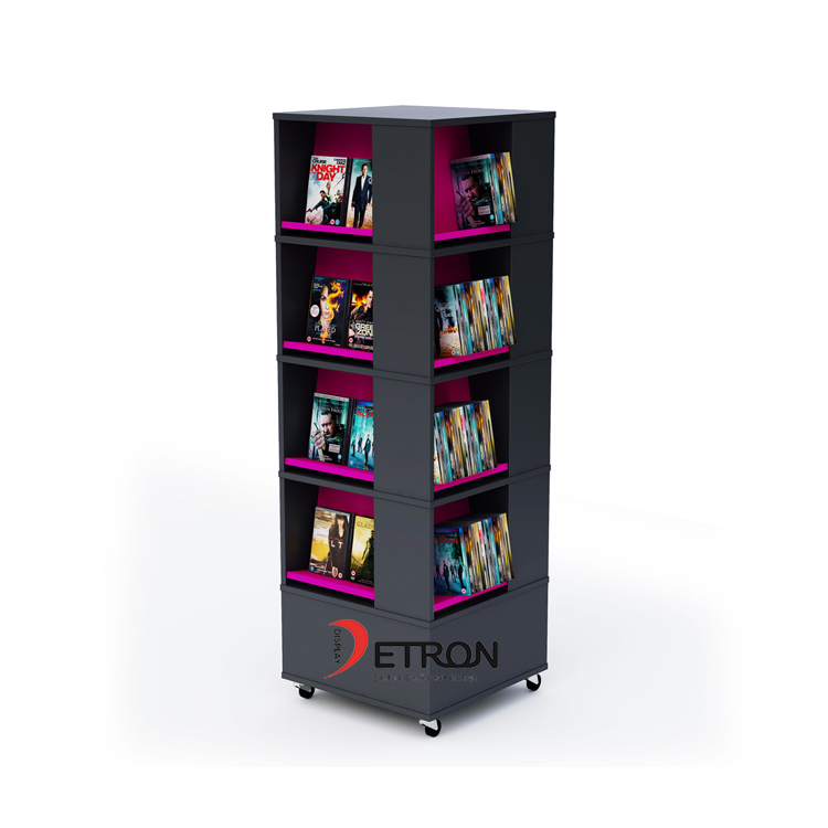 Customized 4 tiers black wooden bookshop display stand with wheel for book