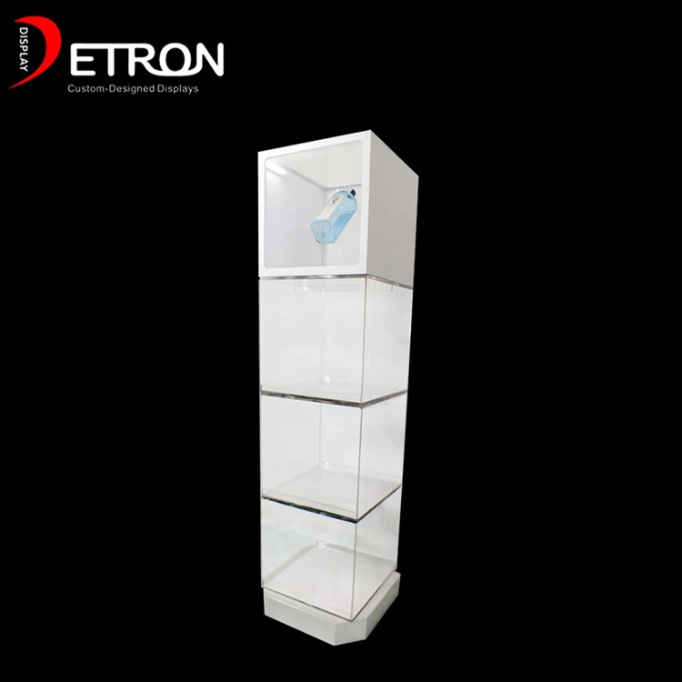 China Customized design 4 tiers wooden cube flooring rotating display stand for wine manufacturer