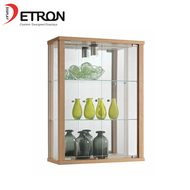Customized wooden 3 tiers wall display cabinet with glass doors and light