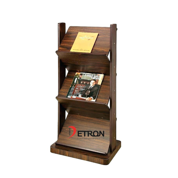 Double side 3 tiers wooden magazine display stand for bookshop