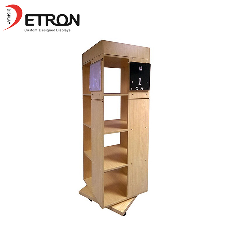 Durable 4 tiers flooring T-shirt wooden rotating display stand for clothes store