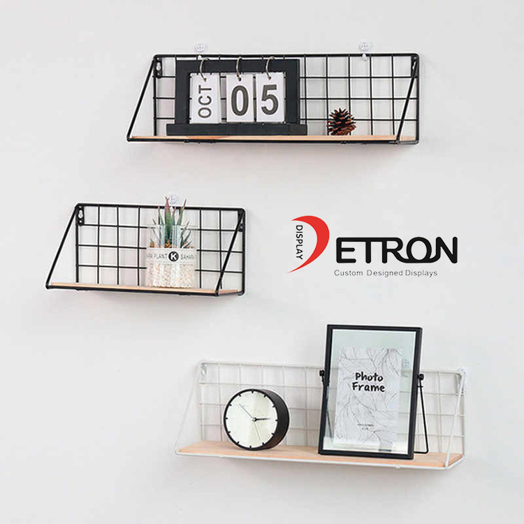 Metal wire wall mount living room display shelves for photo frame or clock