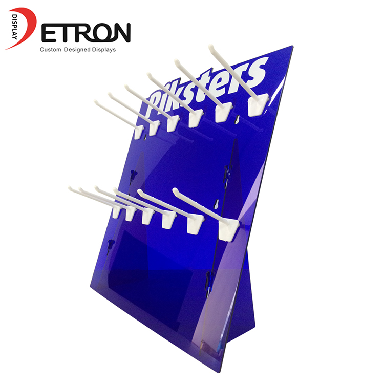 Wholesale screen printing logo supermarket blue acrylic desk display stand with hook