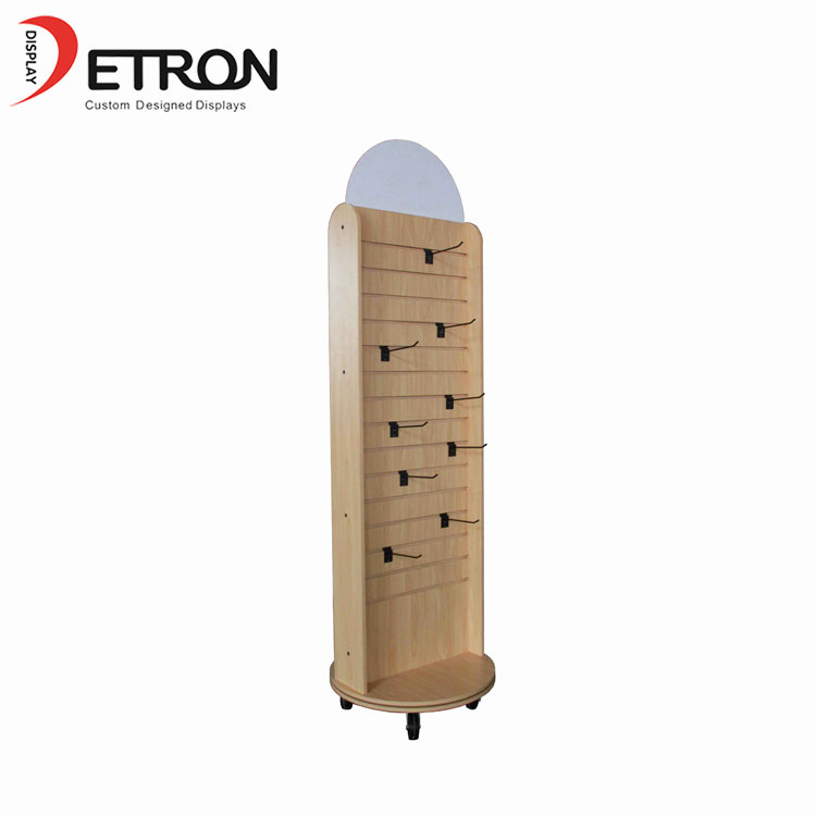 Wooden flooring rotating display stand with hook for supermarket