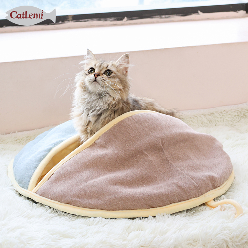 Designer Moon Fan Cozy Cat Cave Ombre Color Linen Nature Cat Sleeping Bed for Winter