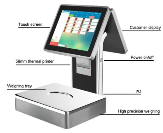 (POS-S001) 15 inches all-in-one  touch POS scale with 58mm receipt printer built-in