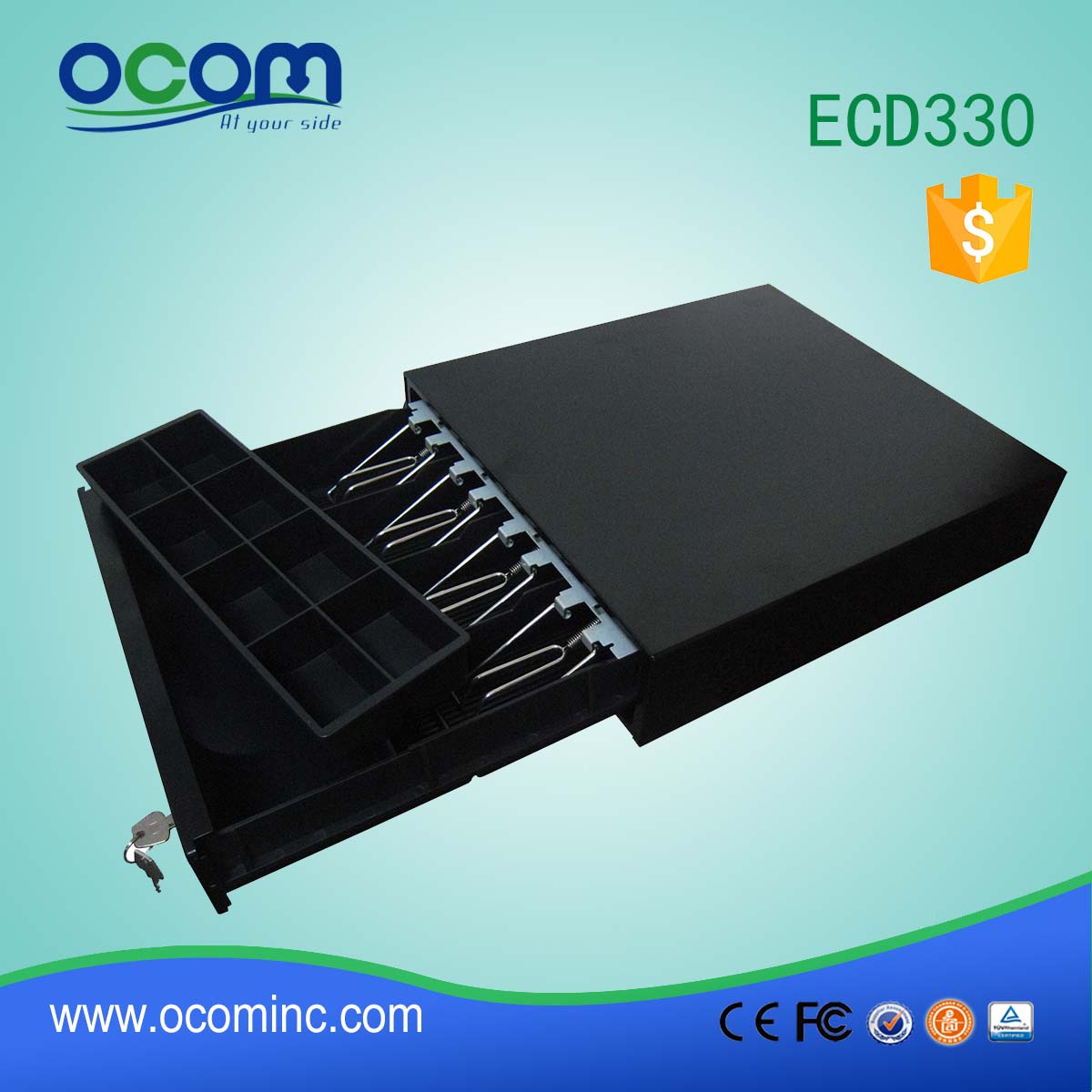 ECD330 Small Metal Cash Drawer 4 adjustable Bill holders and 8 removable Coin holders